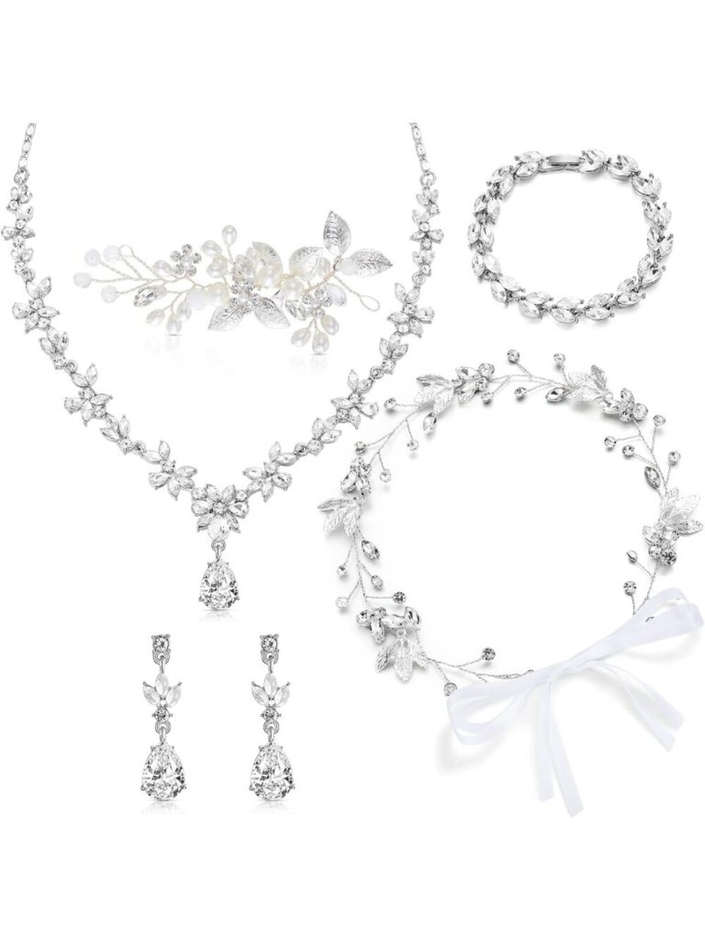 Elegant 5-Piece Wedding Jewelry Set for Brides - Necklace, Earrings & Bracelet